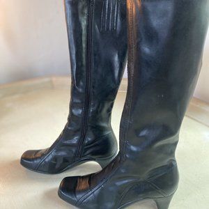 Black Leather Knee High Zip up Boots
